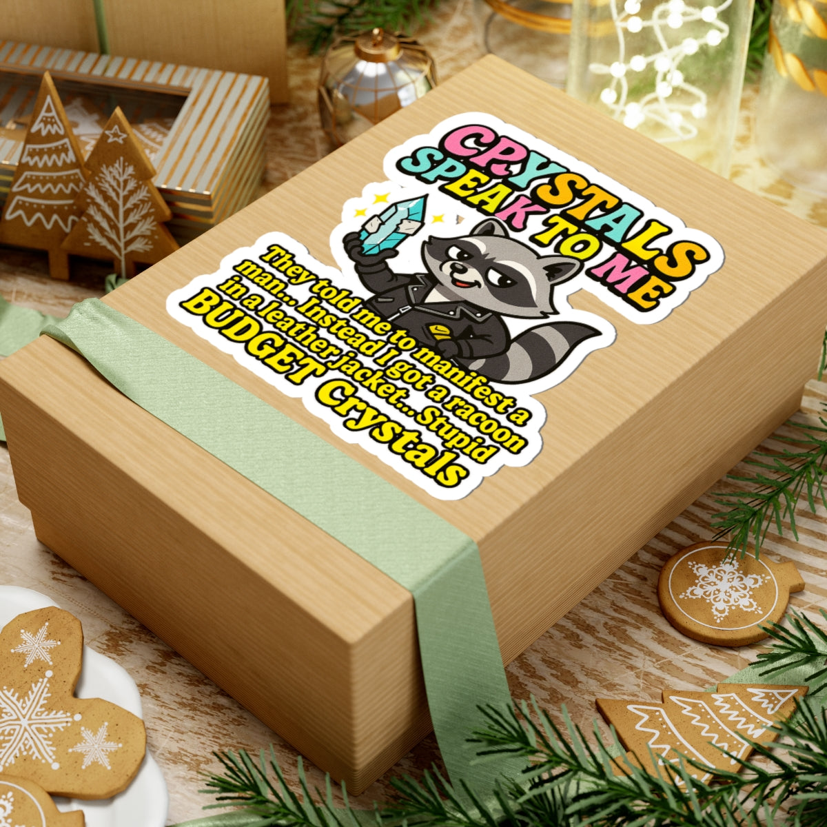 Playful Crystals Sticker, Fun Raccoon Design, Laptop Decal, Budget Crystals Decor, Unique Gift for Crystal Lovers
