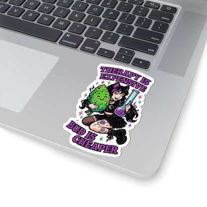 "Therapy Is Expensive, Bud Is Cheaper" Cute Cannabis Therapy Stickers | Funky Decal for Water Bottles, Laptops, Mugs | Perfect for Cannabis Lovers, Gifts, Self-Care