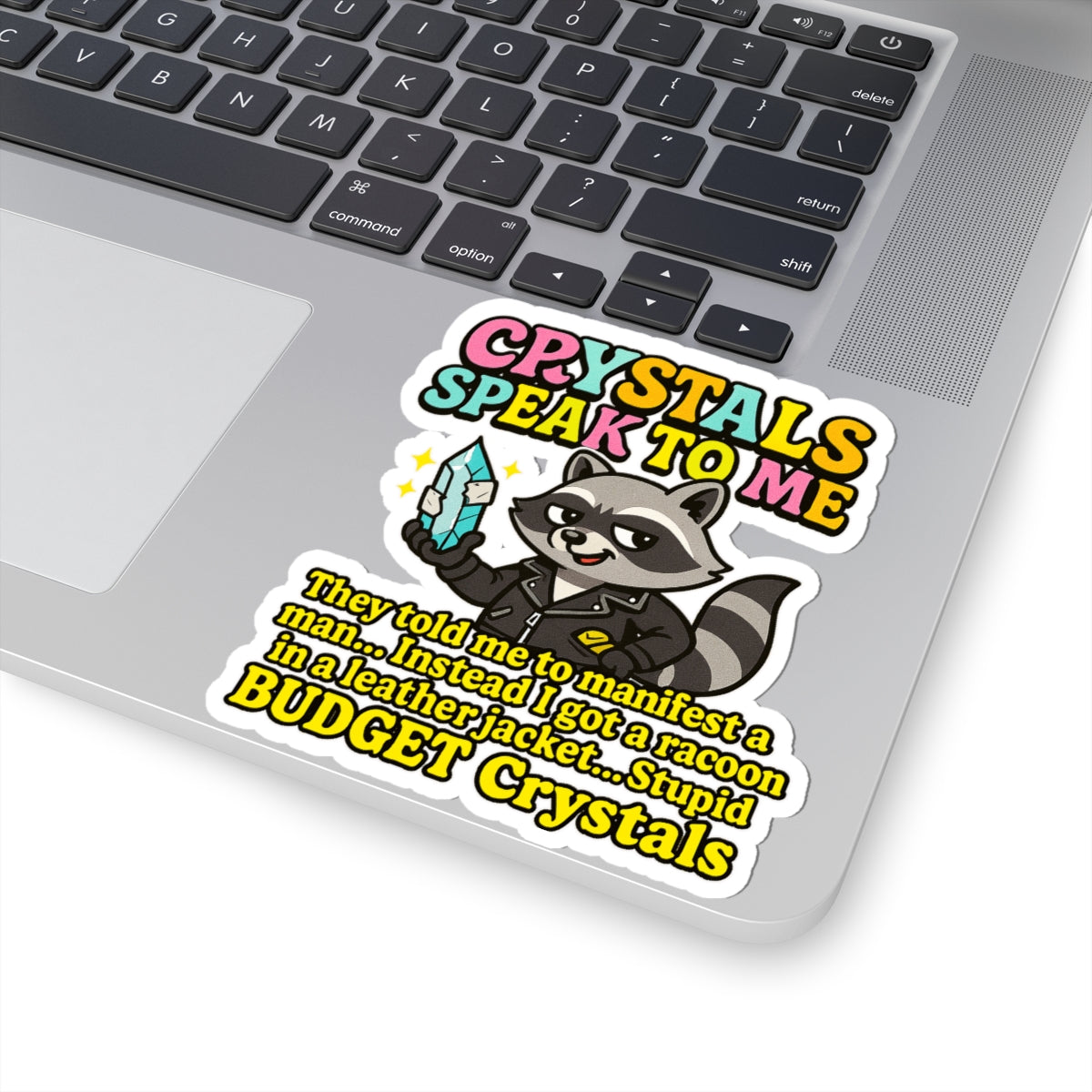 Playful Crystals Sticker, Fun Raccoon Design, Laptop Decal, Budget Crystals Decor, Unique Gift for Crystal Lovers